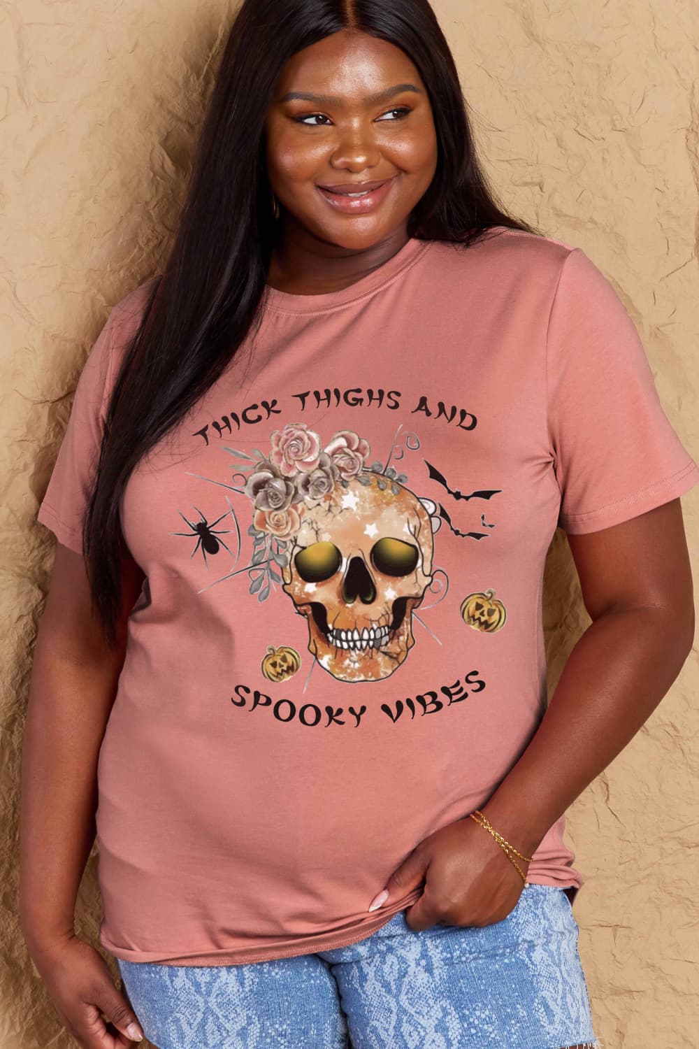 Simply Love Full Size THICK THIGHS AND SPOOKY VIBES Graphic Cotton T-Shirt BLUE ZONE PLANET