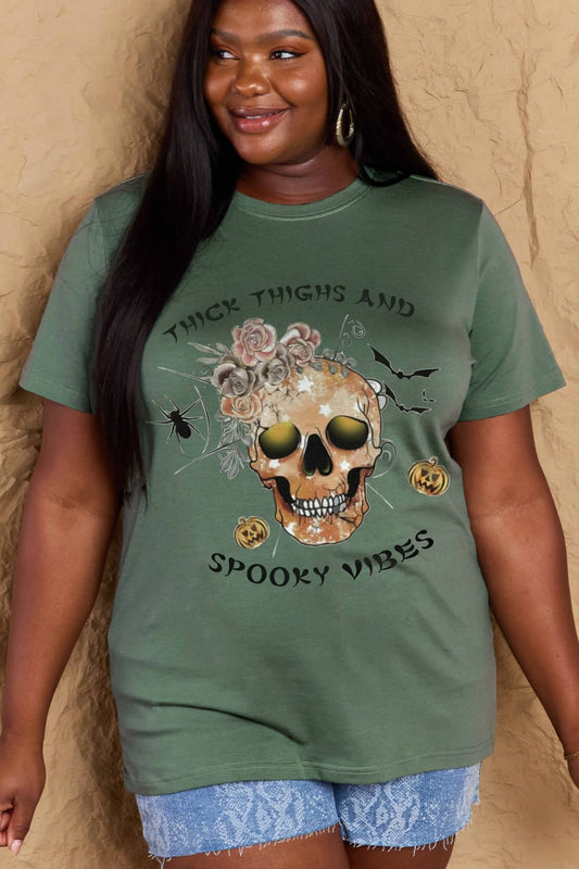 Simply Love Full Size THICK THIGHS AND SPOOKY VIBES Graphic Cotton T-Shirt BLUE ZONE PLANET