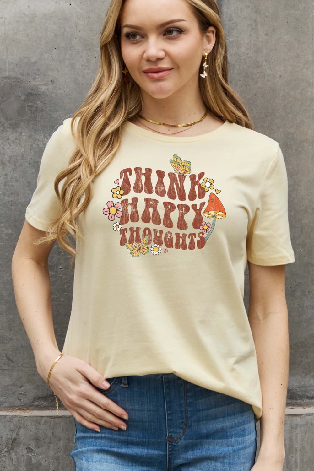 Simply Love Full Size THINK HAPPY THOUGHTS Graphic Cotton Tee BLUE ZONE PLANET