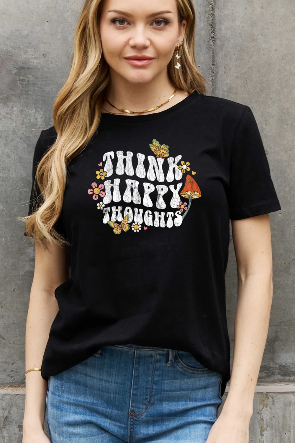 Simply Love Full Size THINK HAPPY THOUGHTS Graphic Cotton Tee BLUE ZONE PLANET