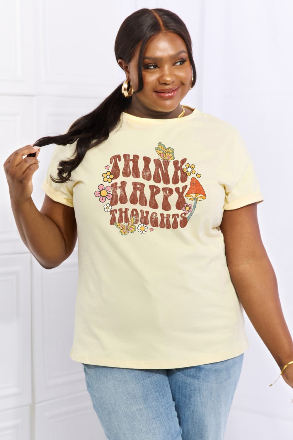 Simply Love Full Size THINK HAPPY THOUGHTS Graphic Cotton Tee BLUE ZONE PLANET