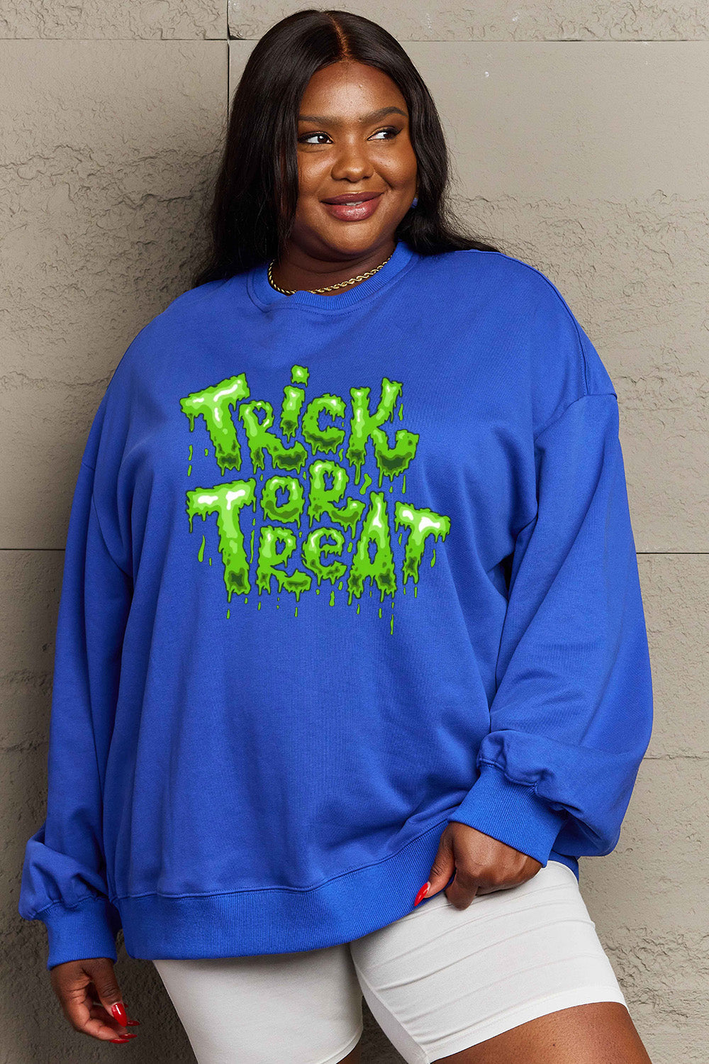 Simply Love Full Size TRICK OR TREAT Graphic Sweatshirt BLUE ZONE PLANET