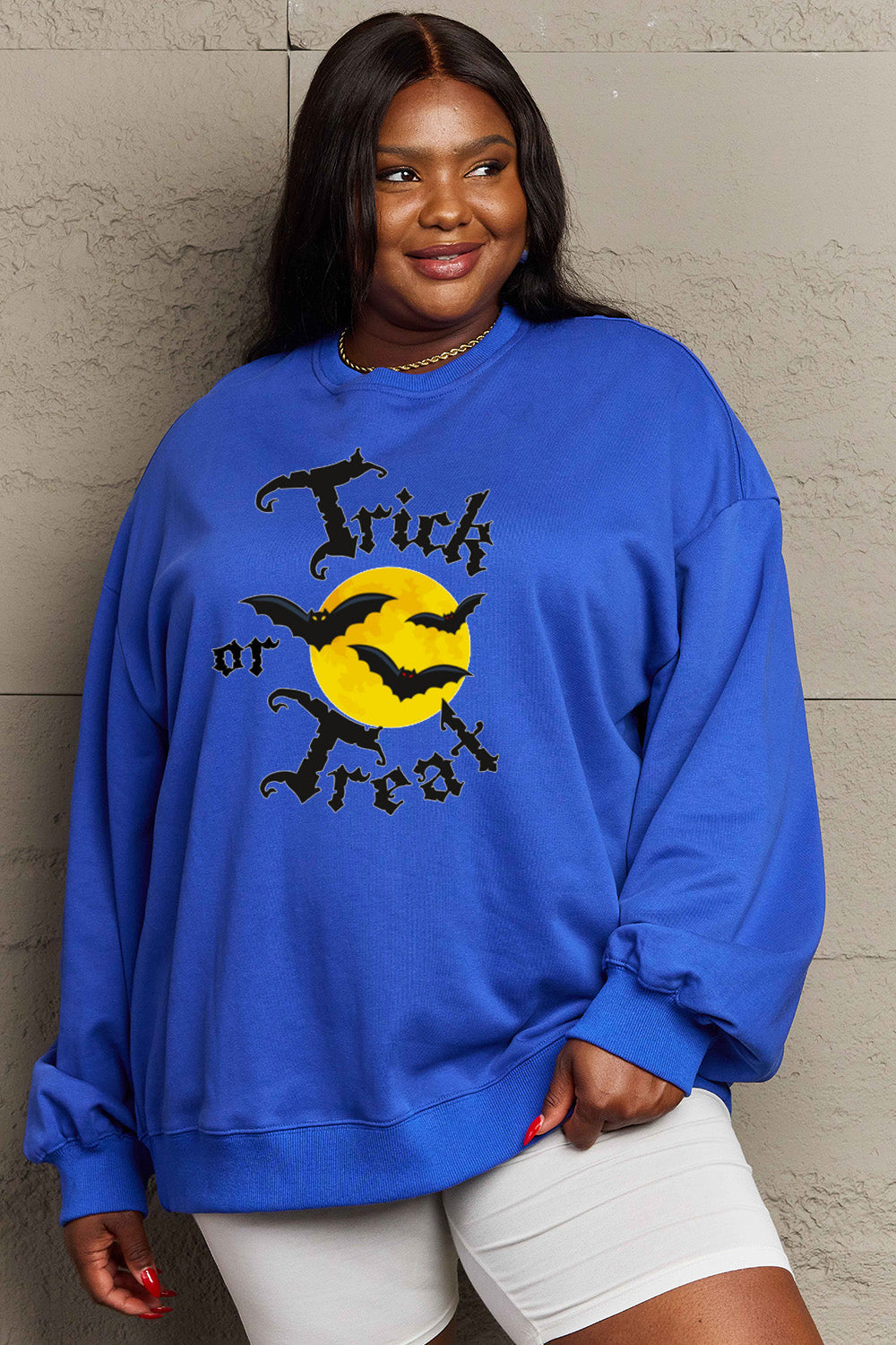 Simply Love Full Size TRICK OR TREAT Graphic Sweatshirt BLUE ZONE PLANET