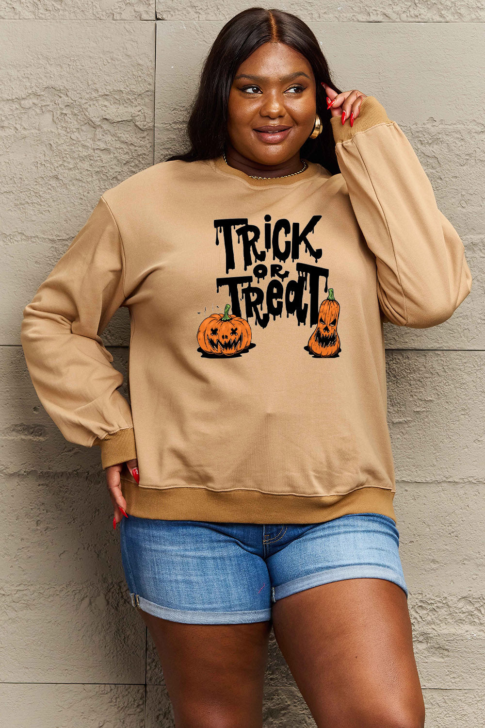 Simply Love Full Size TRICK OR TREAT Graphic Sweatshirt BLUE ZONE PLANET