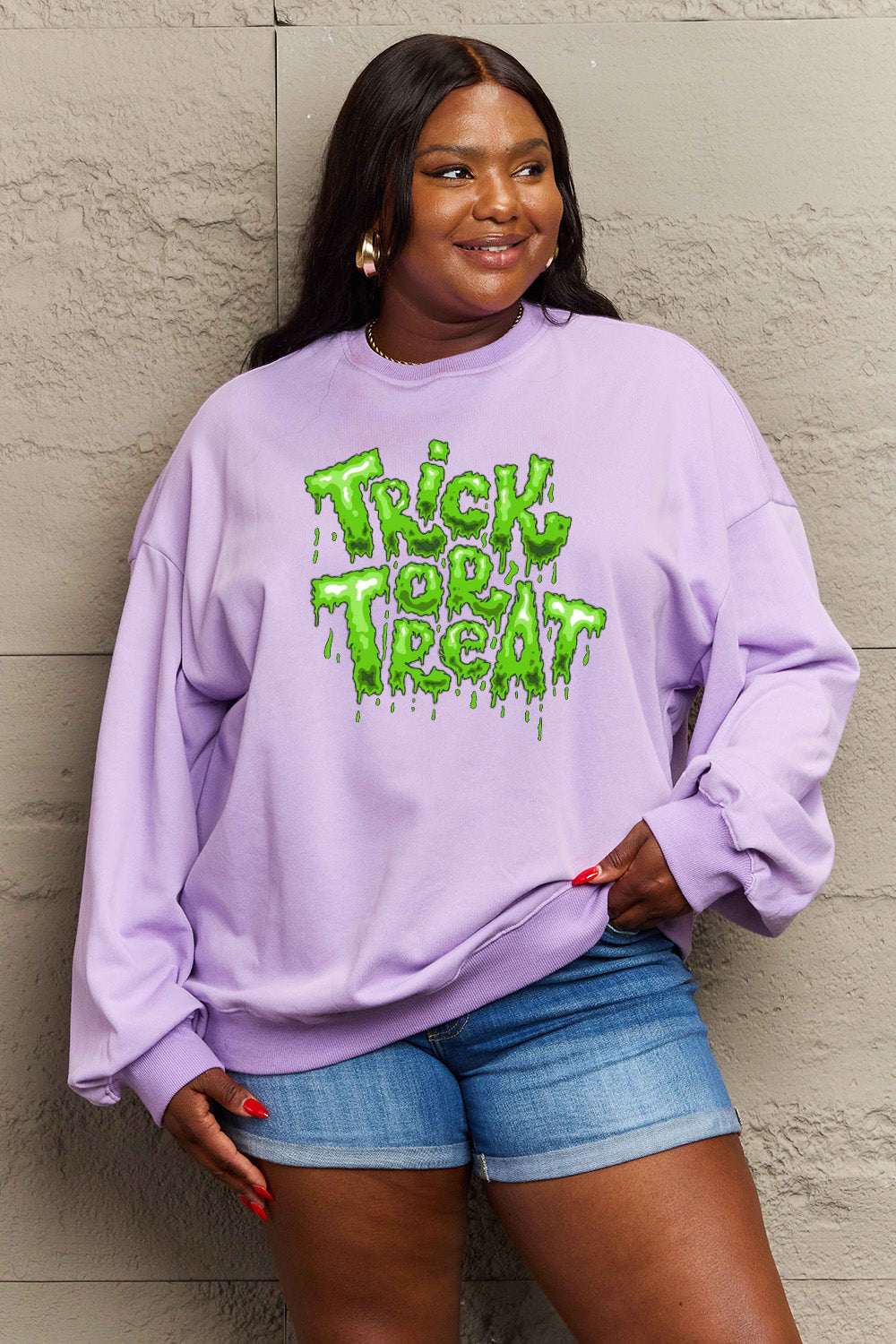 Simply Love Full Size TRICK OR TREAT Graphic Sweatshirt BLUE ZONE PLANET