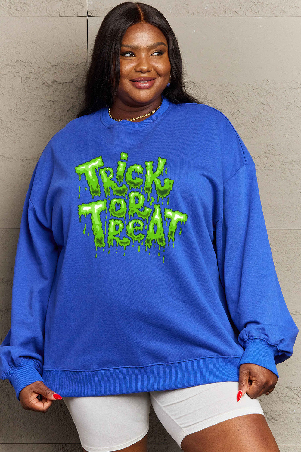 Simply Love Full Size TRICK OR TREAT Graphic Sweatshirt BLUE ZONE PLANET