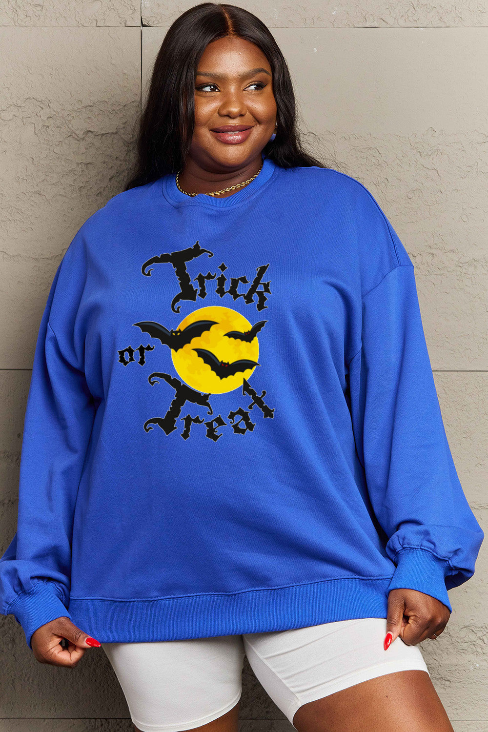 Simply Love Full Size TRICK OR TREAT Graphic Sweatshirt BLUE ZONE PLANET