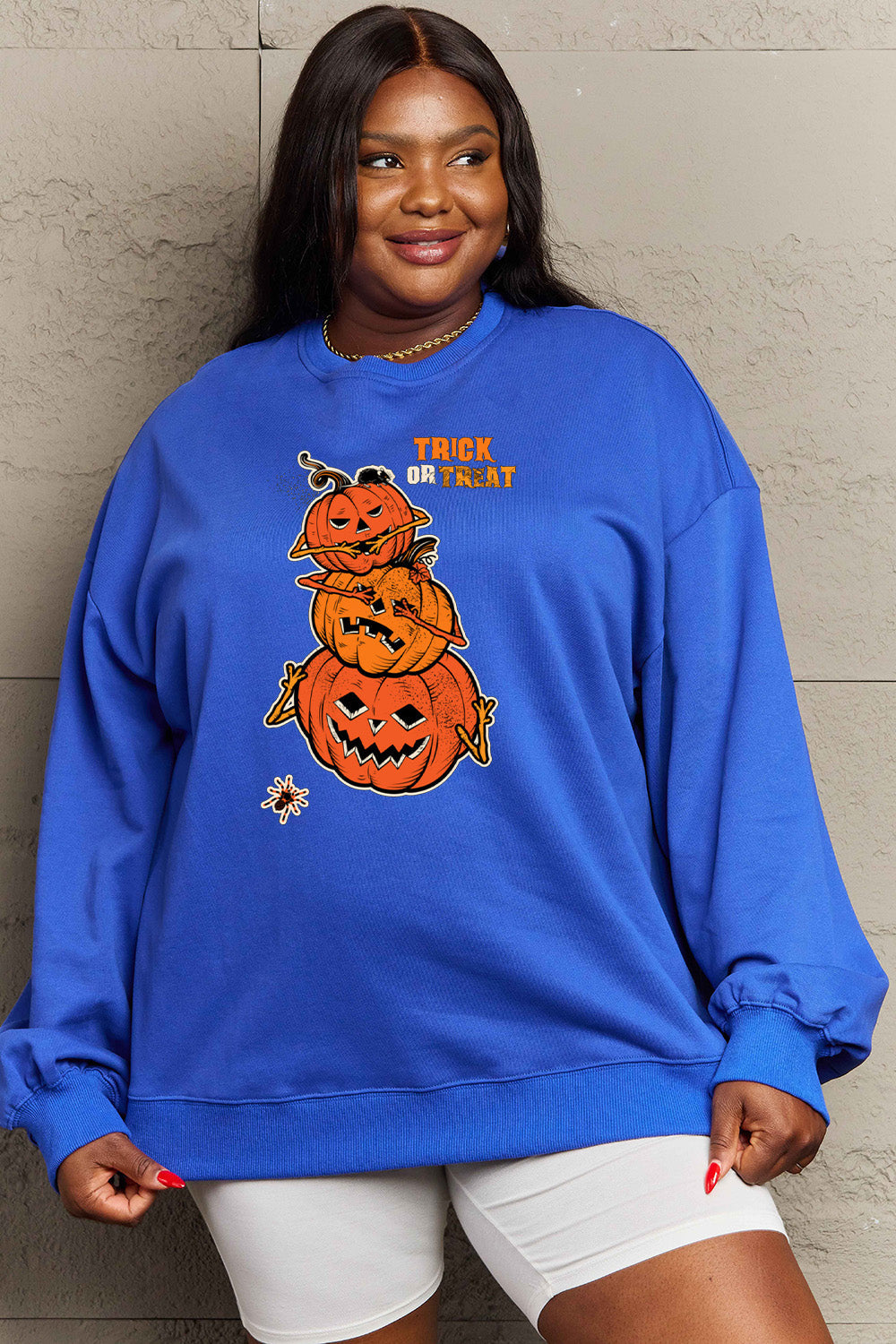 Simply Love Full Size TRICK OR TREAT Graphic Sweatshirt BLUE ZONE PLANET