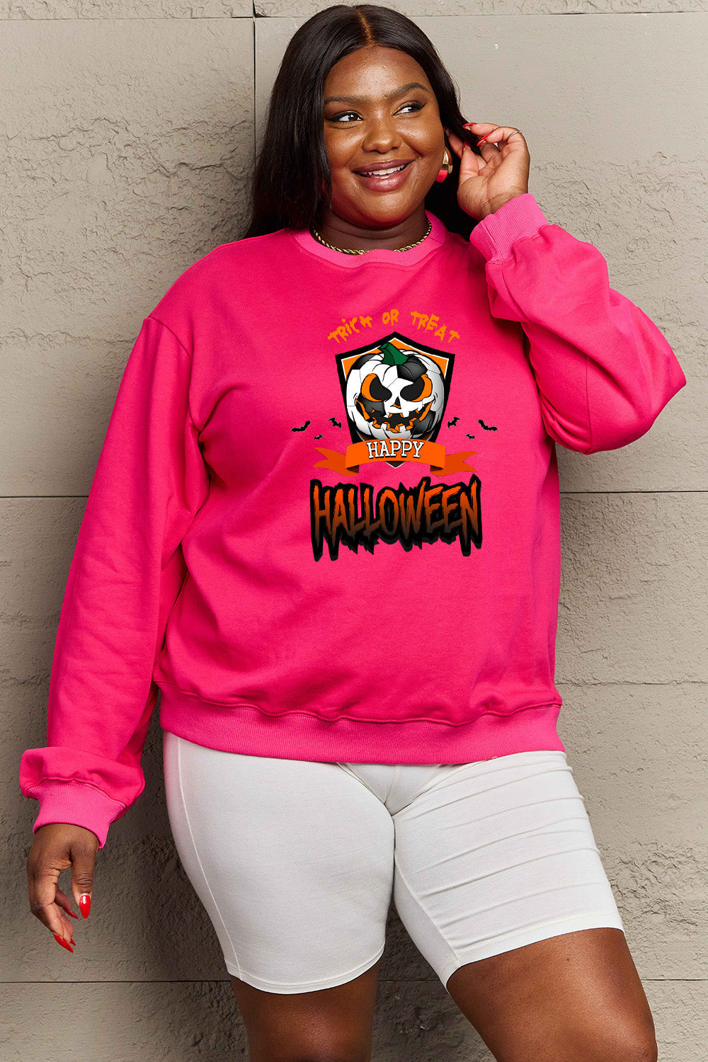 Simply Love Full Size TRICK OR TREAT HAPPY HALLOWEEN Graphic Sweatshirt BLUE ZONE PLANET