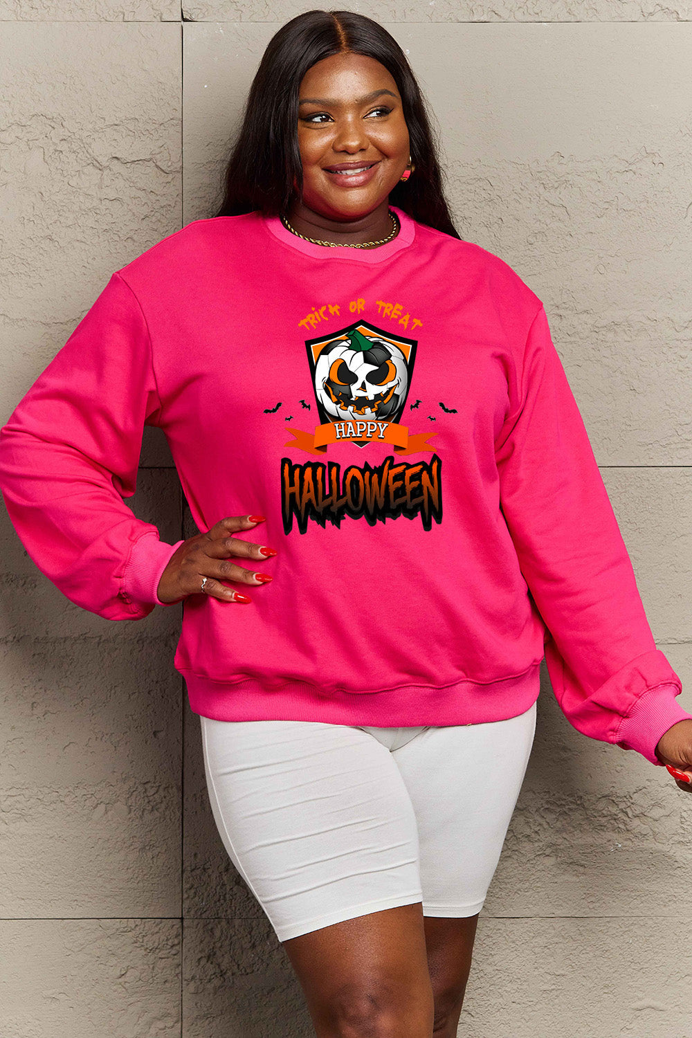 Simply Love Full Size TRICK OR TREAT HAPPY HALLOWEEN Graphic Sweatshirt BLUE ZONE PLANET