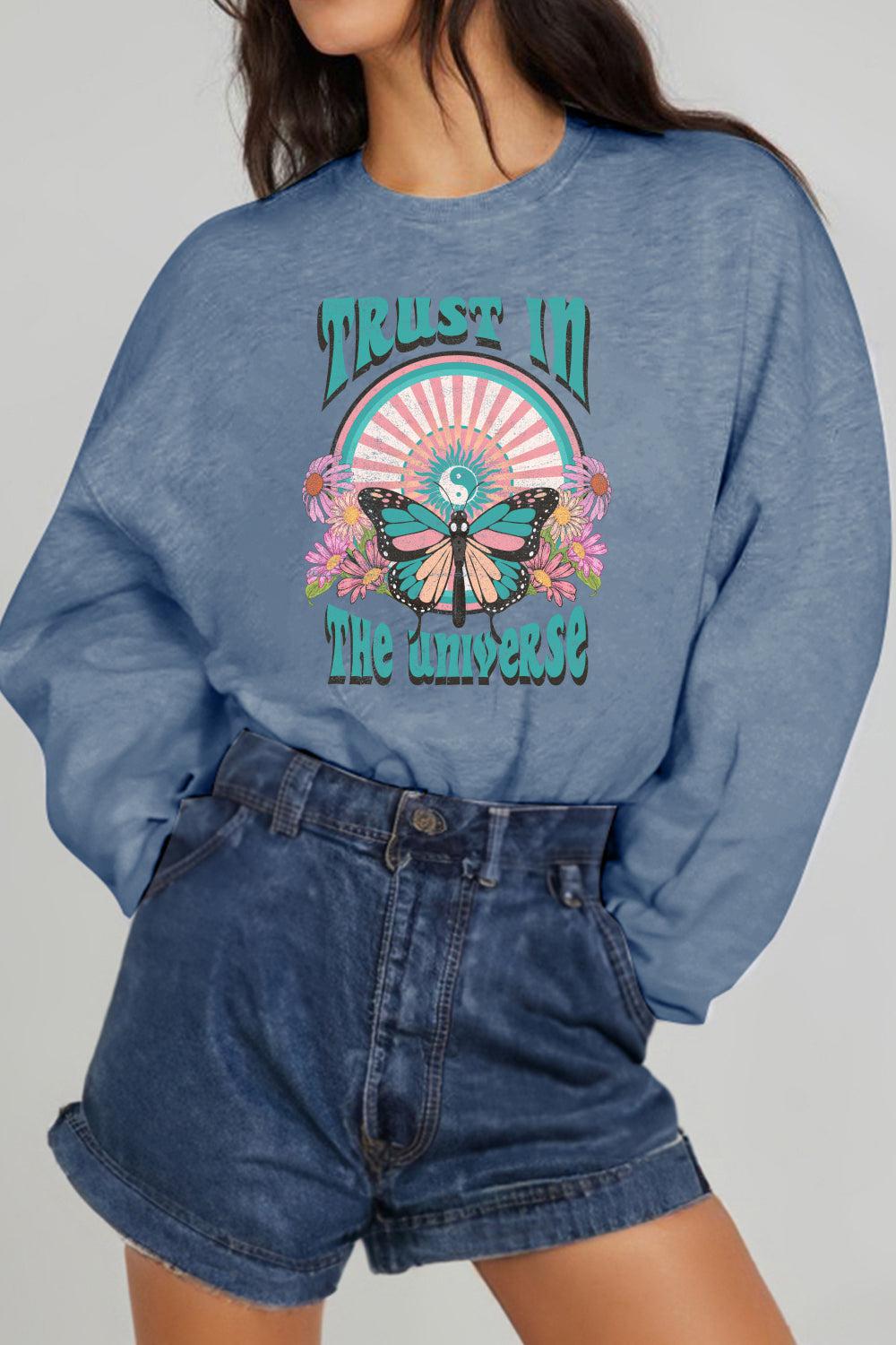 Simply Love Full Size TRUST IN THE UNIVERSE Graphic Sweatshirt BLUE ZONE PLANET