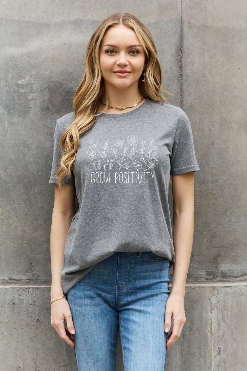 Simply Love GROW POSITIVITY Graphic Cotton Tee-TOPS / DRESSES-[Adult]-[Female]-Mid Gray-S-2022 Online Blue Zone Planet