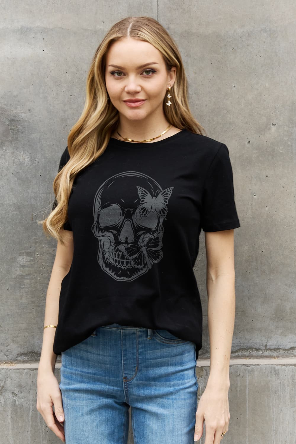 Simply Love Skull Butterfly Graphic Cotton T-Shirt-TOPS / DRESSES-[Adult]-[Female]-2022 Online Blue Zone Planet