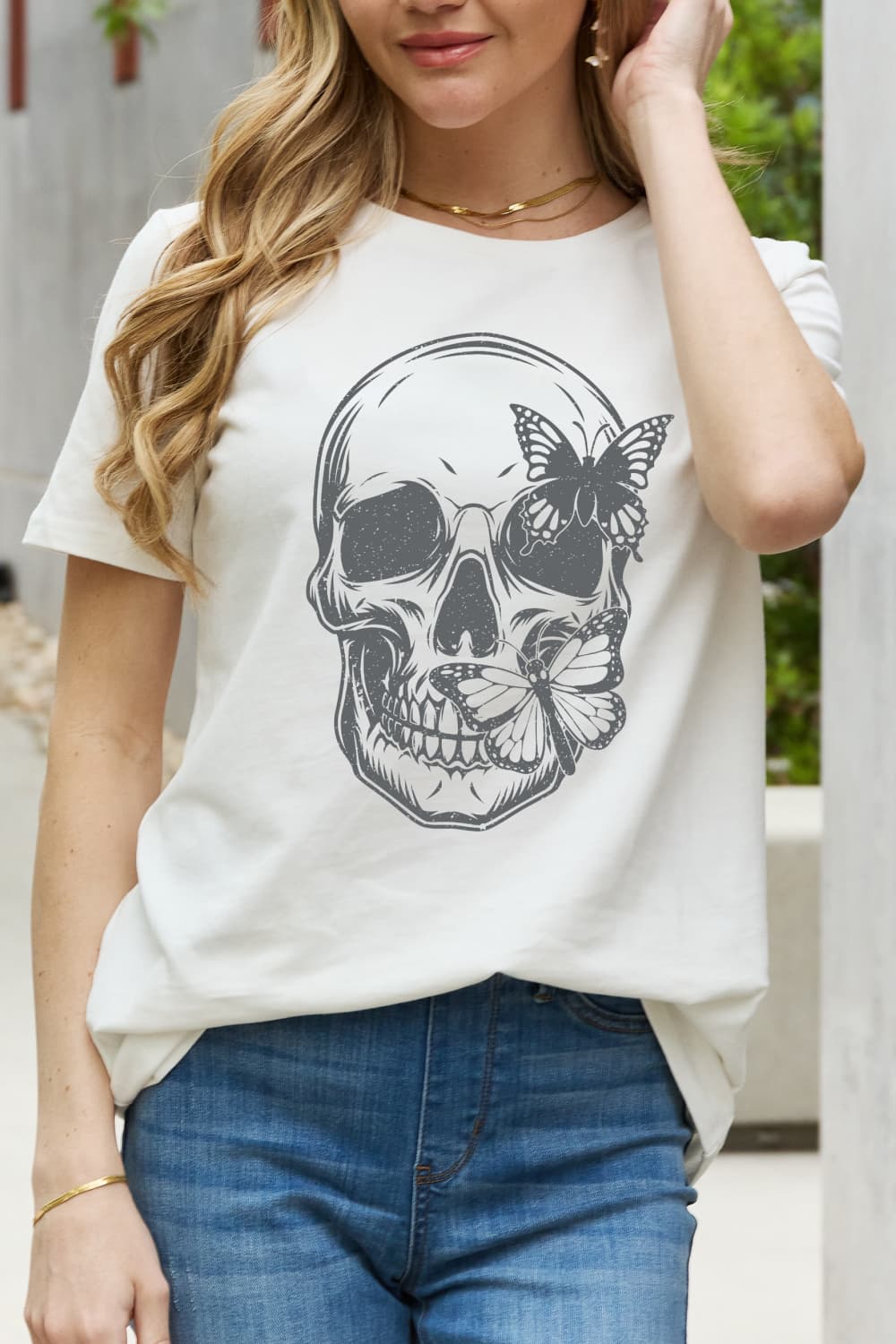 Simply Love Skull Butterfly Graphic Cotton T-Shirt-TOPS / DRESSES-[Adult]-[Female]-White-S-2022 Online Blue Zone Planet