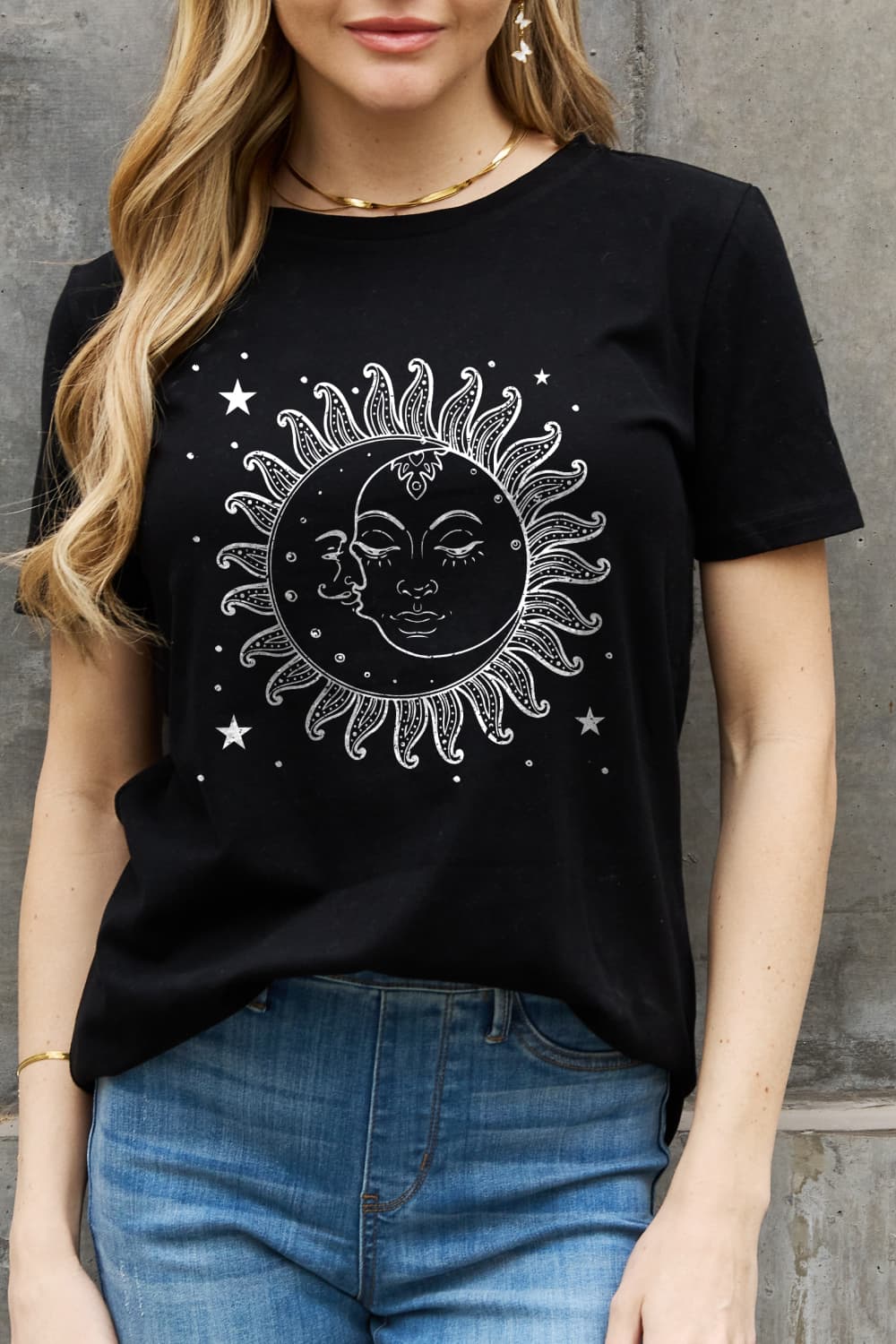 Simply Love Sun and Star Graphic Cotton Tee-TOPS / DRESSES-[Adult]-[Female]-Black-S-2022 Online Blue Zone Planet