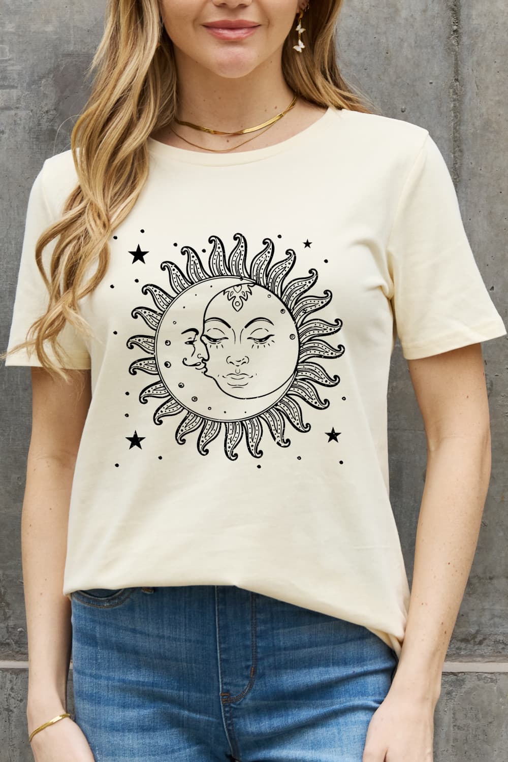 Simply Love Sun and Star Graphic Cotton Tee-TOPS / DRESSES-[Adult]-[Female]-Off White-S-2022 Online Blue Zone Planet