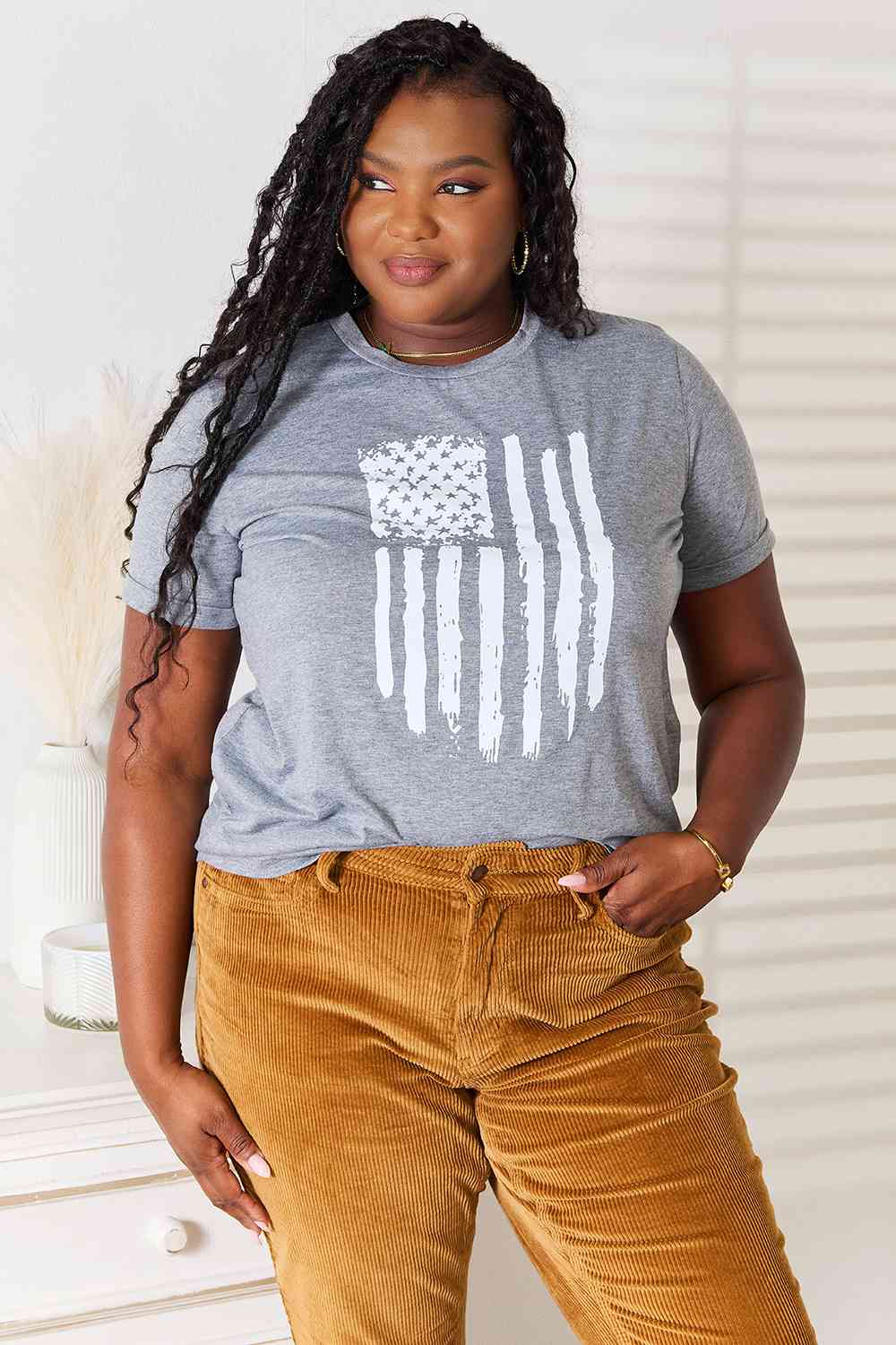 Simply Love US Flag Graphic Cuffed Sleeve T-Shirt BLUE ZONE PLANET