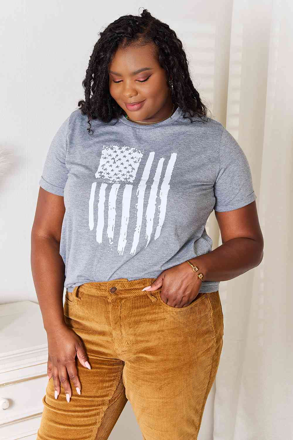 Simply Love US Flag Graphic Cuffed Sleeve T-Shirt BLUE ZONE PLANET