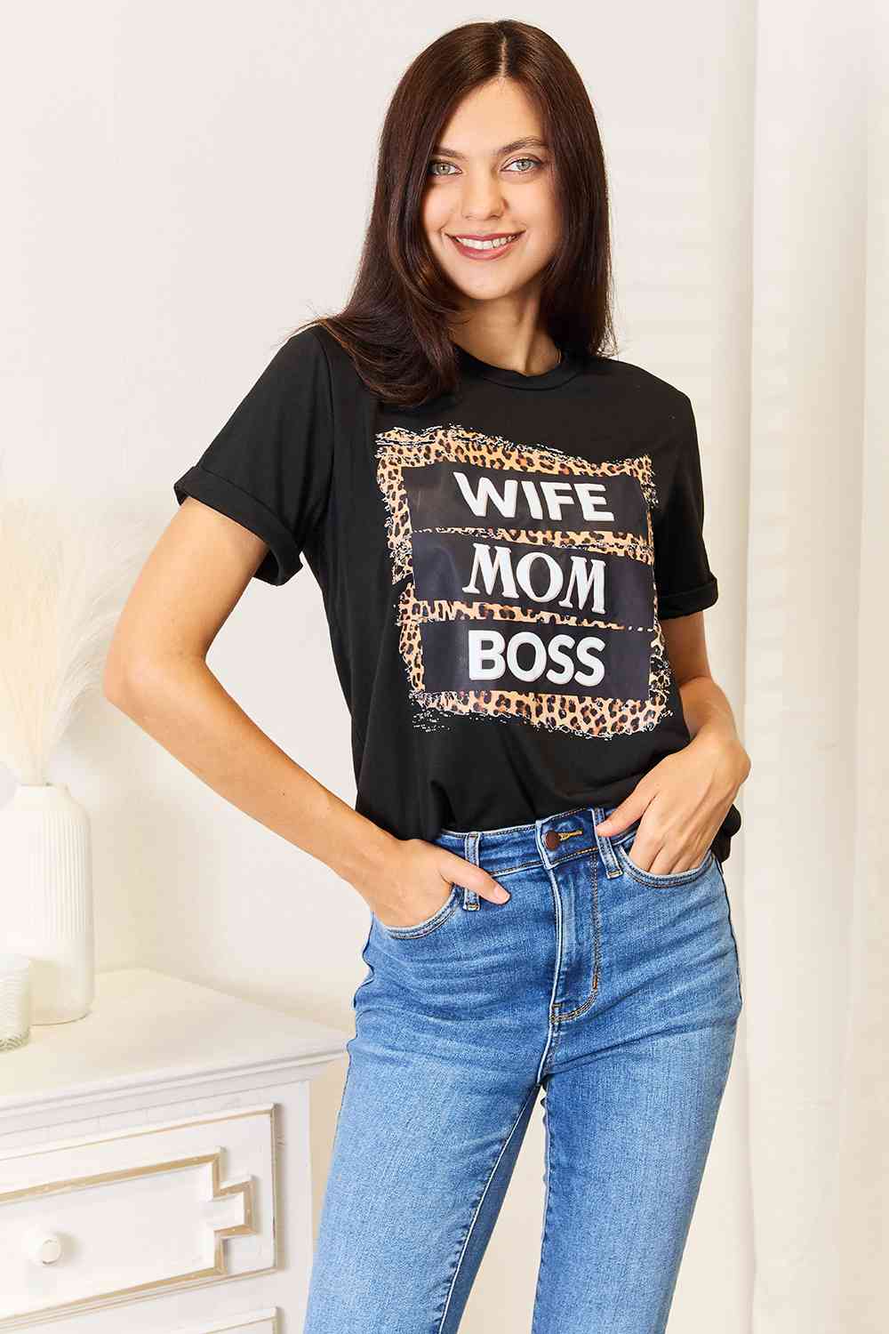 Simply Love WIFE MOM BOSS Leopard Graphic T-Shirt BLUE ZONE PLANET