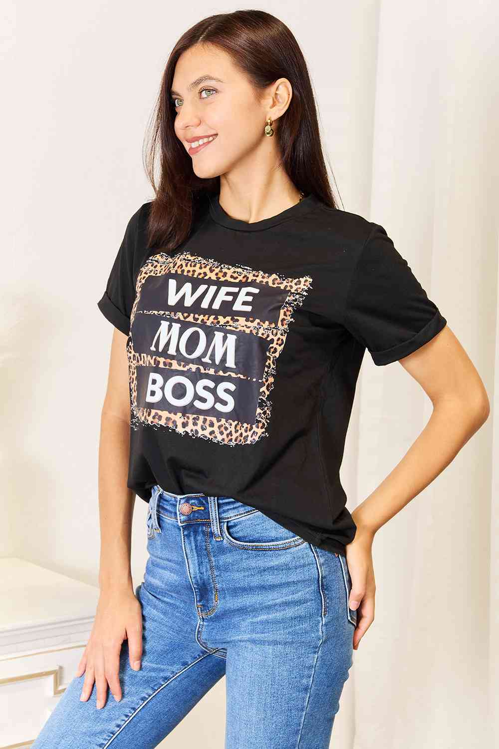 Simply Love WIFE MOM BOSS Leopard Graphic T-Shirt BLUE ZONE PLANET