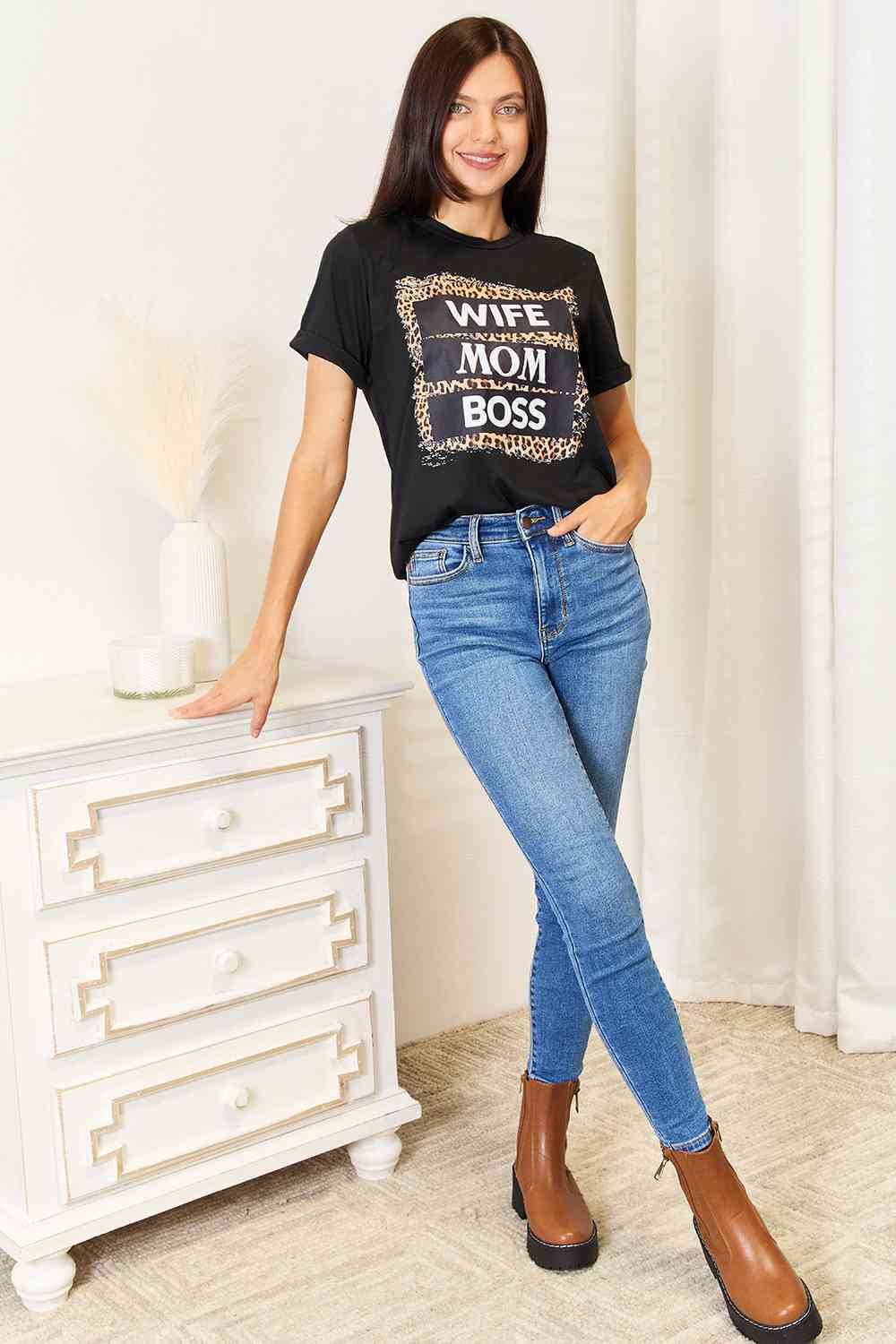 Simply Love WIFE MOM BOSS Leopard Graphic T-Shirt BLUE ZONE PLANET