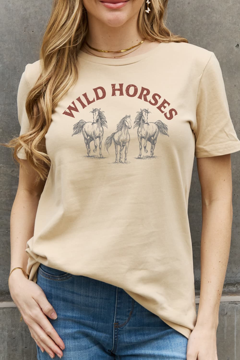 Simply Love WILD HORSES Graphic Cotton T-Shirt-TOPS / DRESSES-[Adult]-[Female]-Tan-S-2022 Online Blue Zone Planet