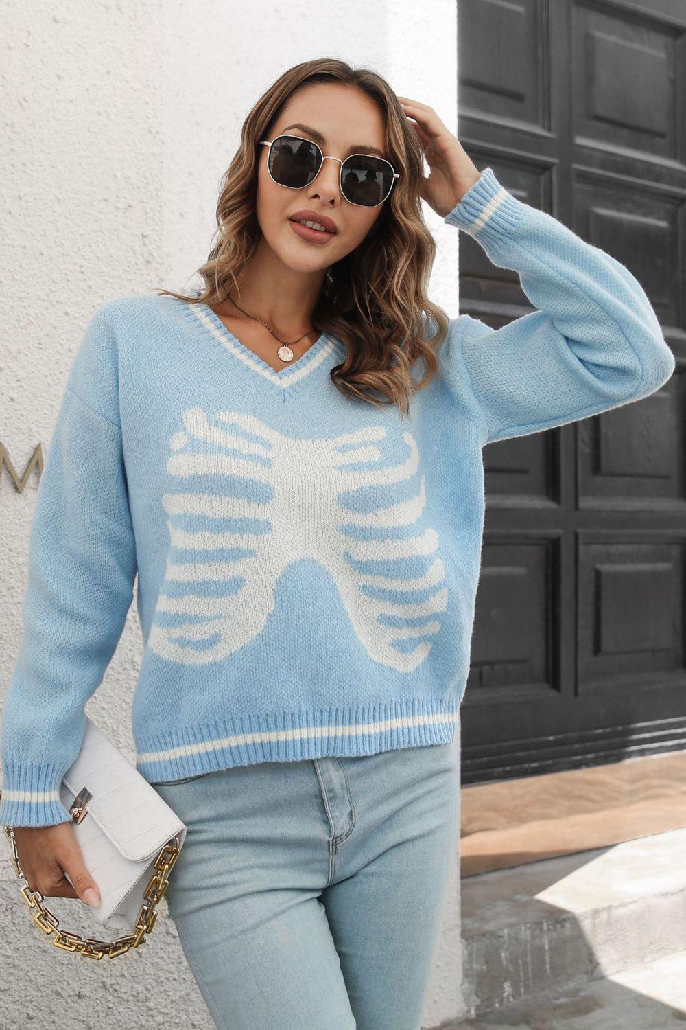 Skeleton Pattern V-Neck Long Sleeve Pullover Sweater BLUE ZONE PLANET