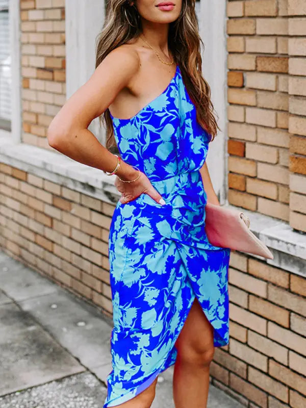 Slant Neck Off Shoulder Chiffon Print Dress BLUE ZONE PLANET