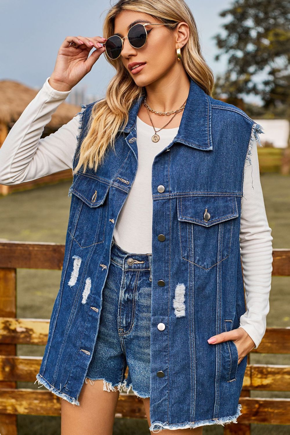 Sleeveless Button-Up Collared Denim Top with Pockets BLUE ZONE PLANET