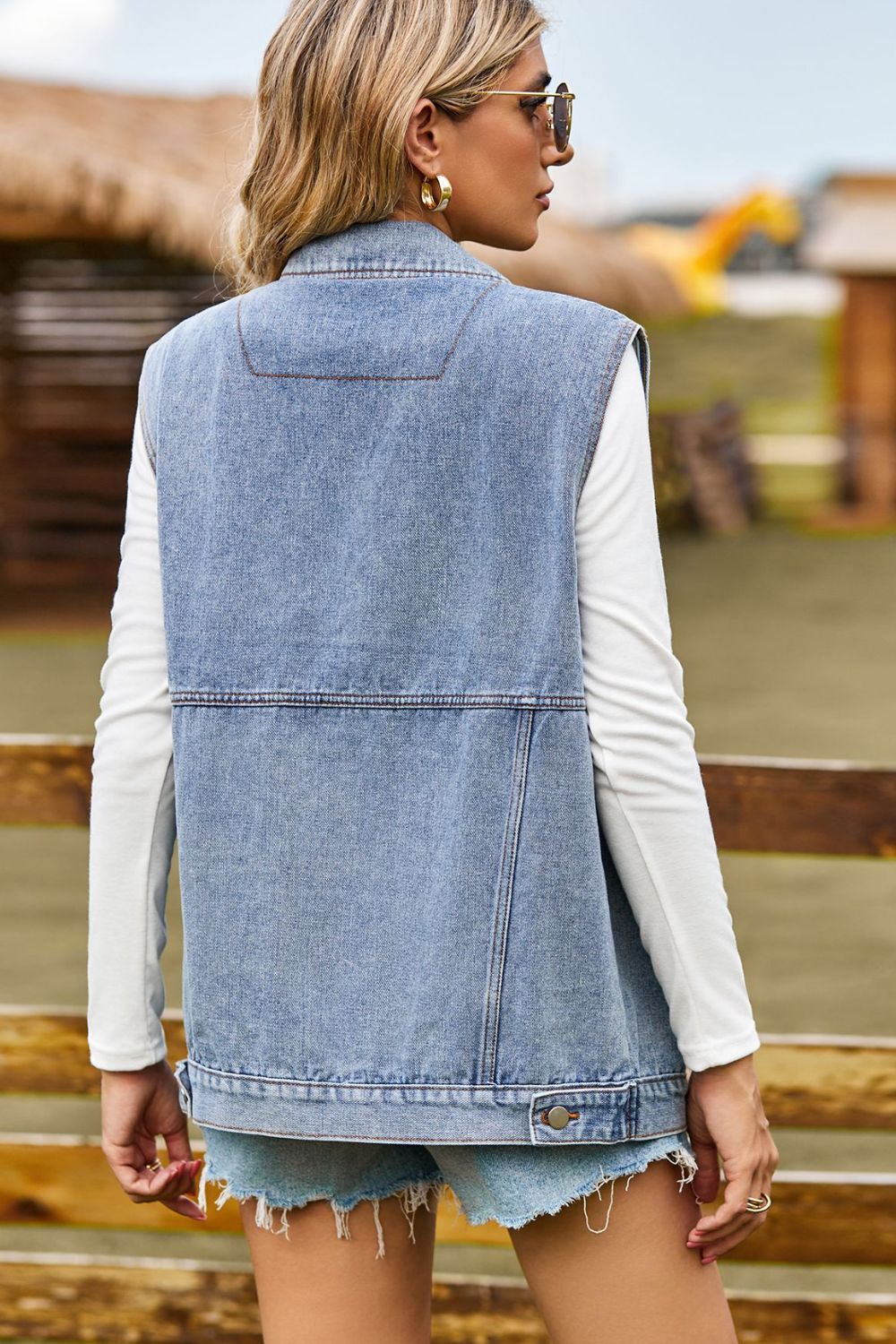 Sleeveless Collared Neck Denim Top with Pockets BLUE ZONE PLANET