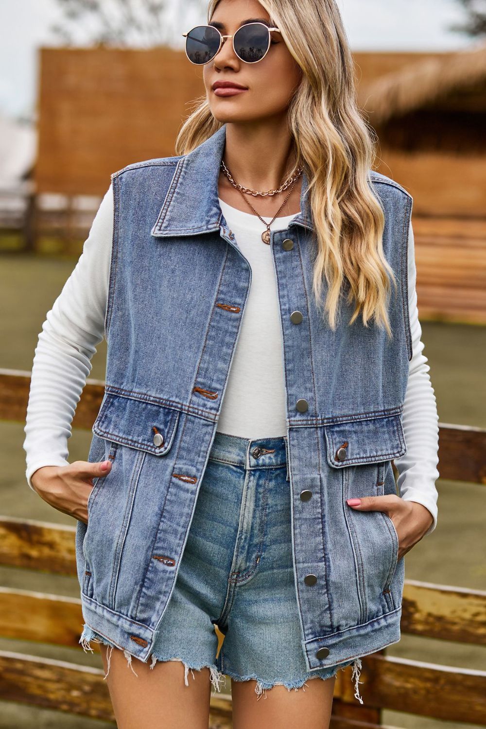 Sleeveless Collared Neck Denim Top with Pockets BLUE ZONE PLANET