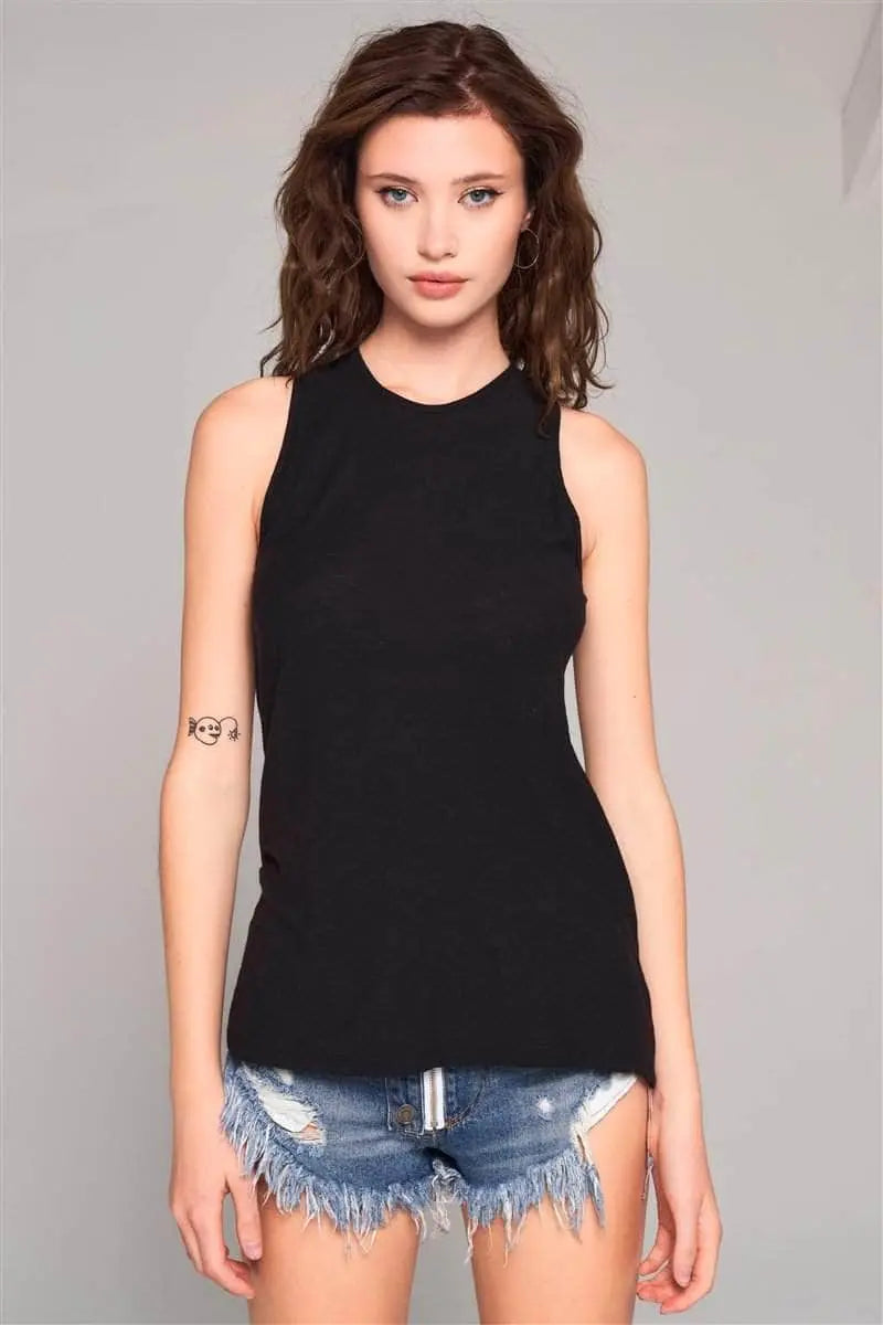 Sleeveless Crew Neck Cut-out Back Detail Longline Top Blue Zone Planet