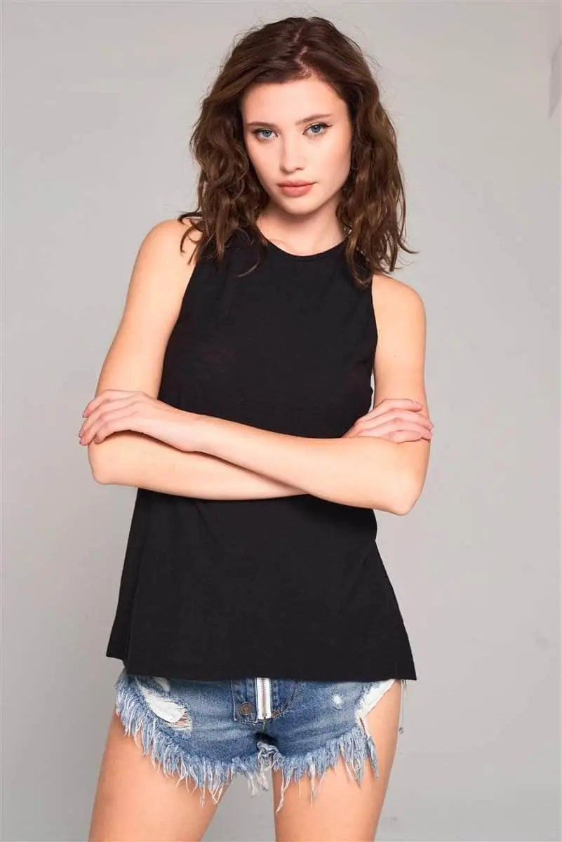 Sleeveless Crew Neck Cut-out Back Detail Longline Top Blue Zone Planet
