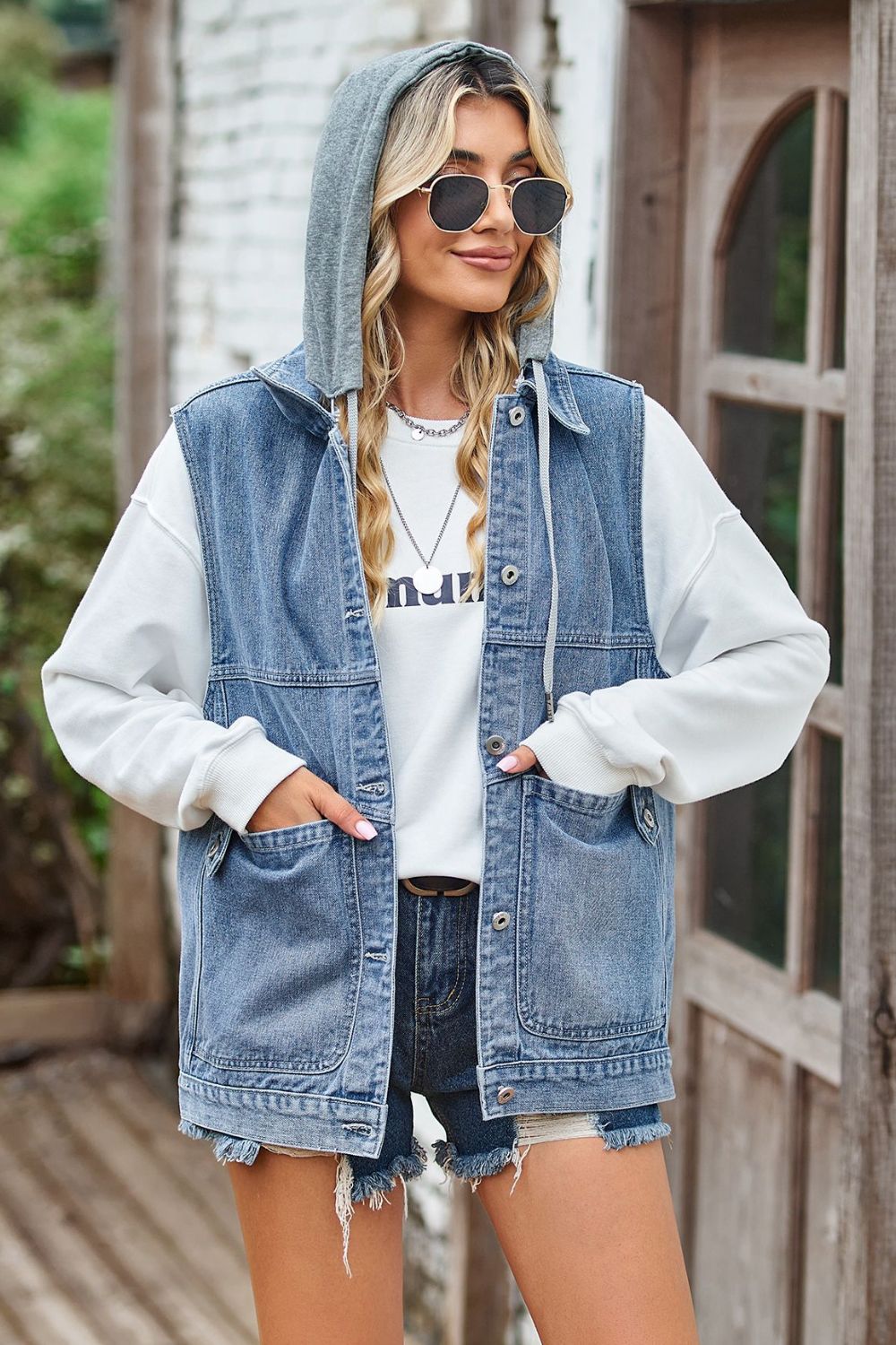 Sleeveless Denim Top with A Detachable Hood BLUE ZONE PLANET