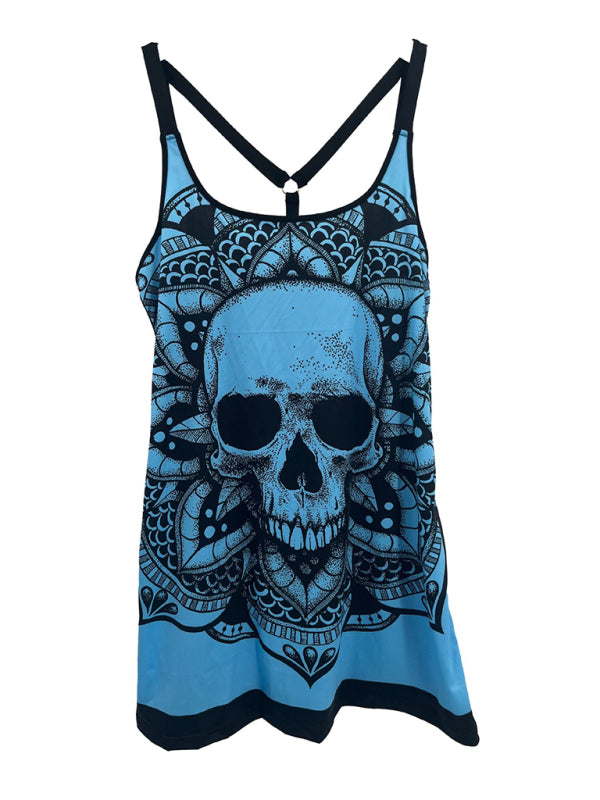 Sling Fashion Skull Printed Vest Spring Summer Sleeveless Backless T-Shirt Top BLUE ZONE PLANET