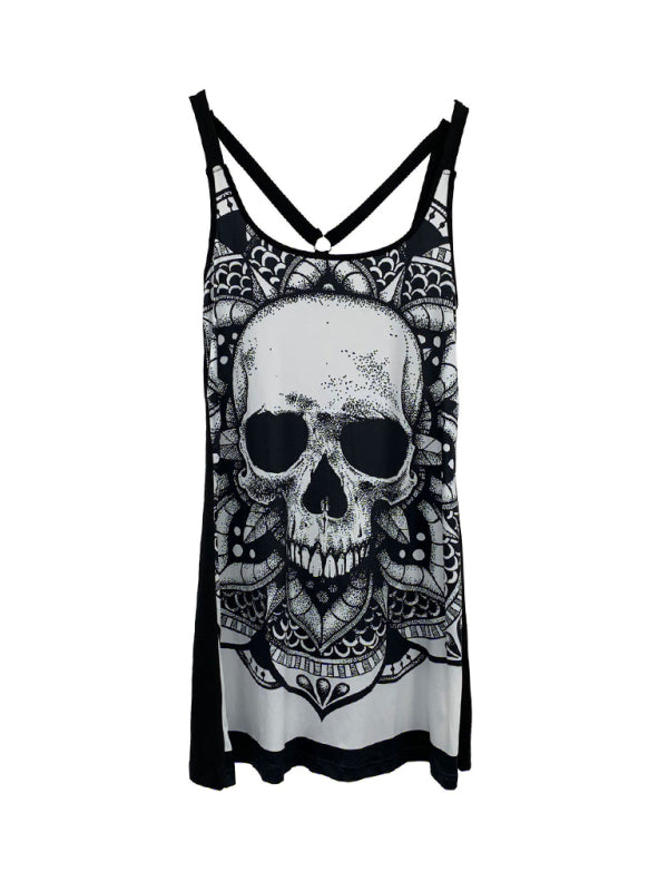 Sling Fashion Skull Printed Vest Spring Summer Sleeveless Backless T-Shirt Top BLUE ZONE PLANET