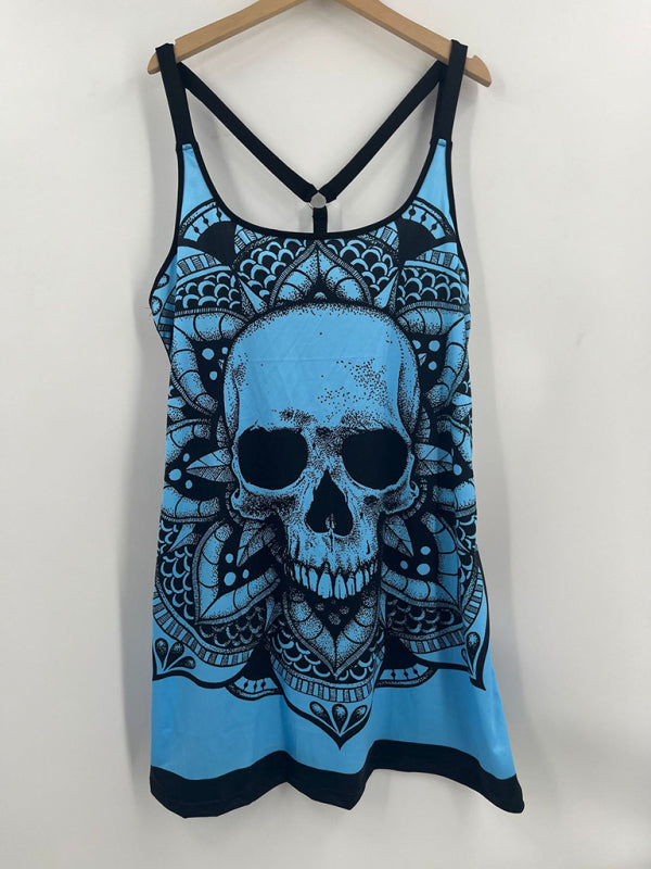 Sling Fashion Skull Printed Vest Spring Summer Sleeveless Backless T-Shirt Top BLUE ZONE PLANET