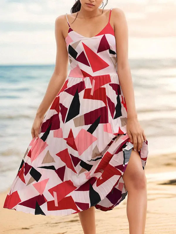 Sling Holiday Geometric Print A-Line Midi Dress kakaclo