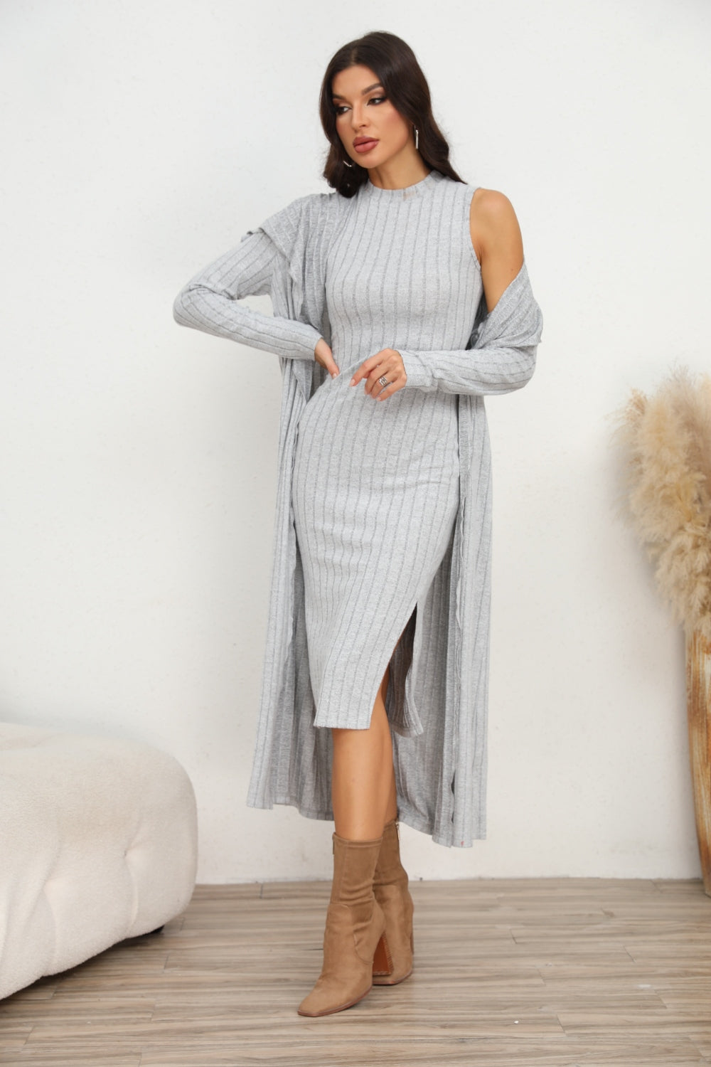 Slit Dress and Longline Cardigan Set BLUE ZONE PLANET