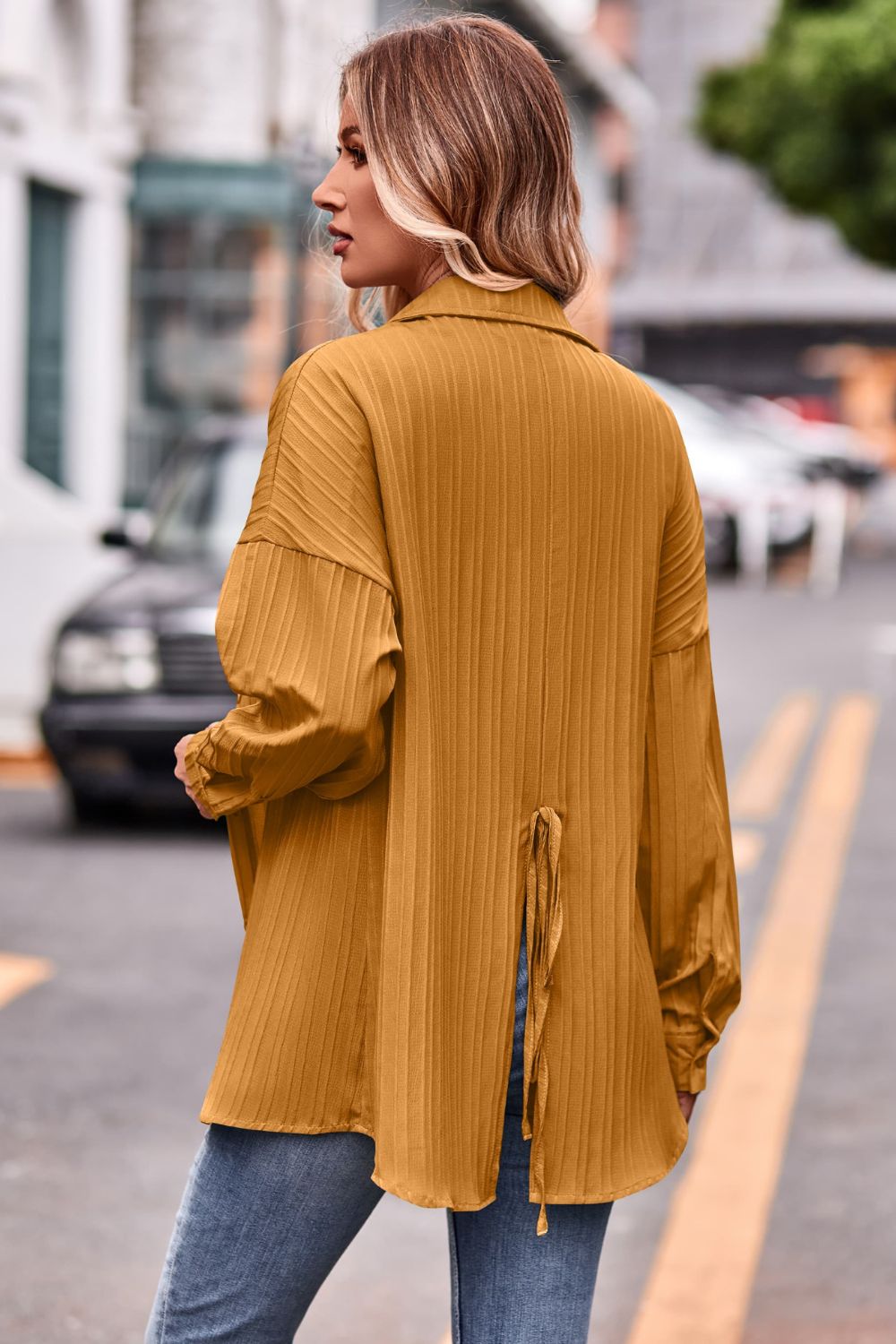 Slit Dropped Shoulder Longline Shirt BLUE ZONE PLANET