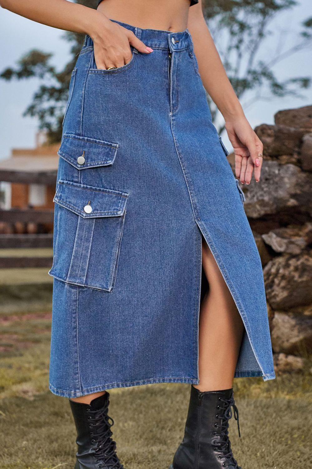 Slit Front Midi Denim Skirt with Pockets BLUE ZONE PLANET