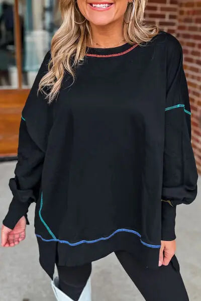 Slit Round Neck Lantern Sleeve Sweatshirt BLUE ZONE PLANET