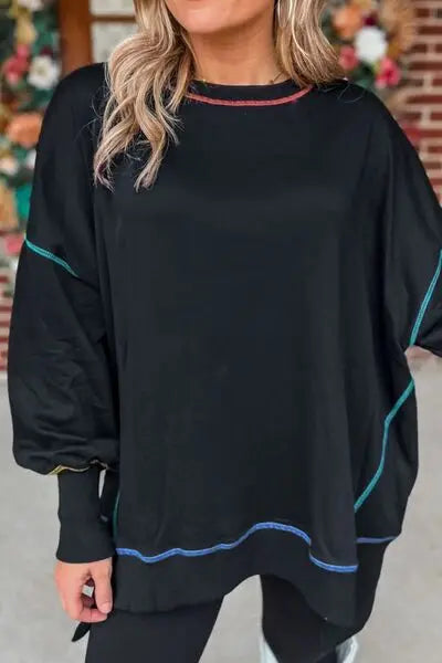 Slit Round Neck Lantern Sleeve Sweatshirt BLUE ZONE PLANET