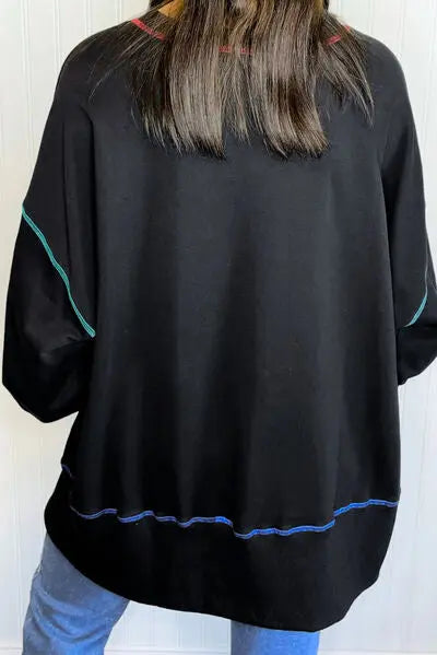 Slit Round Neck Lantern Sleeve Sweatshirt BLUE ZONE PLANET