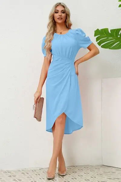 Slit Ruched Round Neck Puff Sleeve Dress BLUE ZONE PLANET