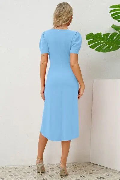 Slit Ruched Round Neck Puff Sleeve Dress BLUE ZONE PLANET