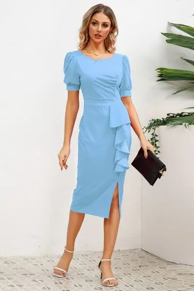 Slit Ruffled Puff Sleeve Midi Dress BLUE ZONE PLANET