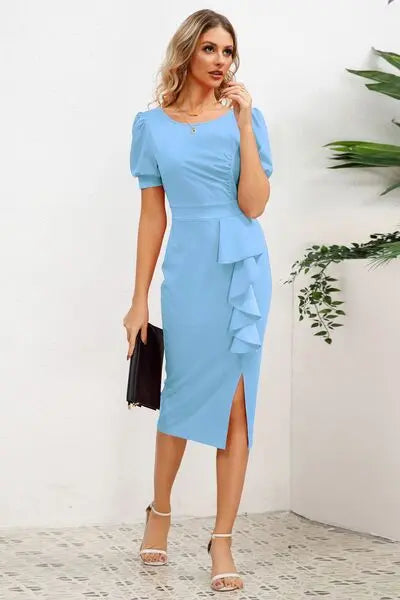 Slit Ruffled Puff Sleeve Midi Dress BLUE ZONE PLANET