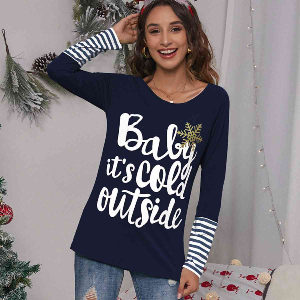 Slogan Graphic Striped Long Sleeve T-Shirt BLUE ZONE PLANET