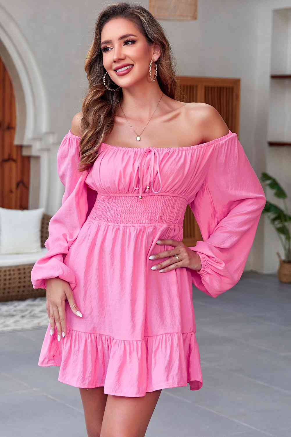 smocked off the shoulder mini dress Smocked Off-Shoulder Short Sleeve Mini Dress The Hyper Culture